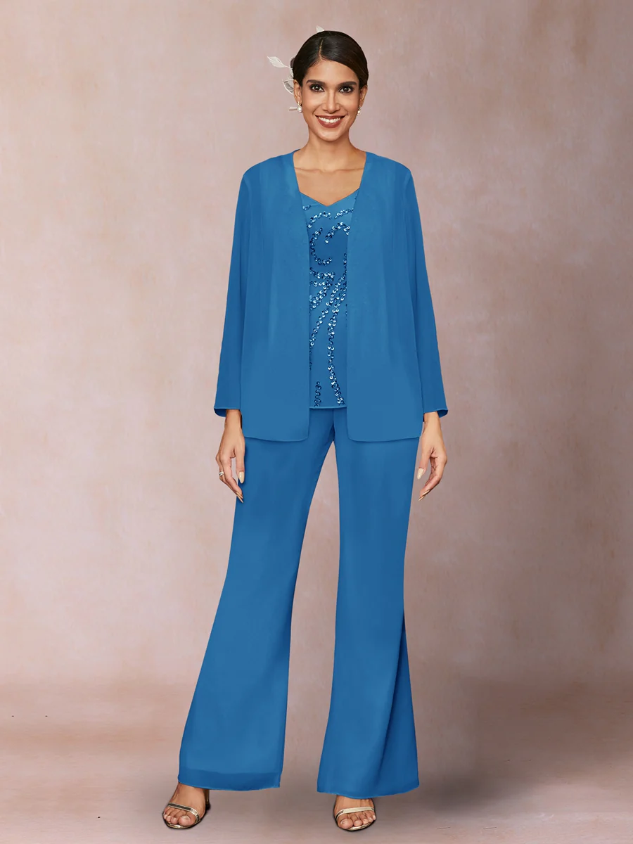Chiffon Sequins V-Neck Long Sleeves 3 Pieces Pantsuits with Jacket - Image 49
