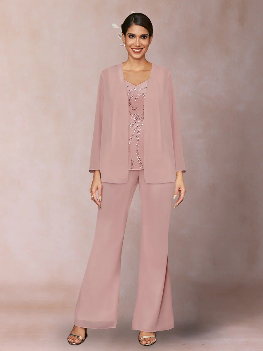 Chiffon Sequins V-Neck Long Sleeves 3 Pieces Pantsuits with Jacket - Image 5