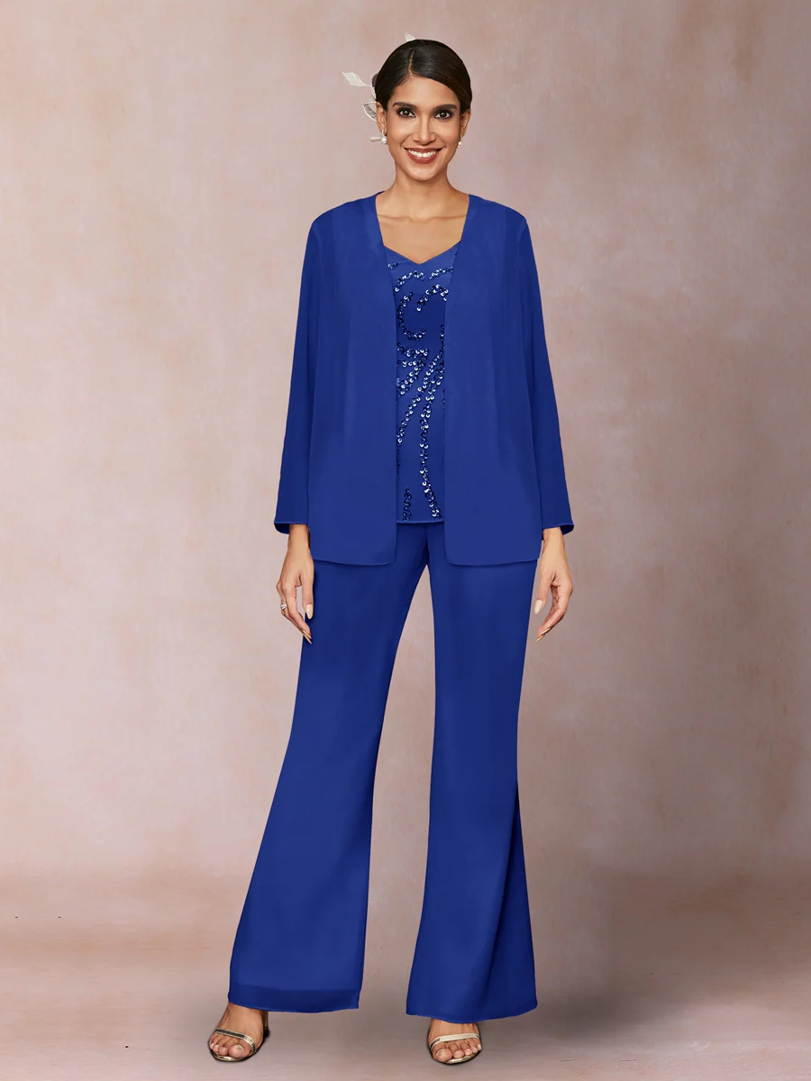 Chiffon Sequins V-Neck Long Sleeves 3 Pieces Pantsuits with Jacket - Image 50