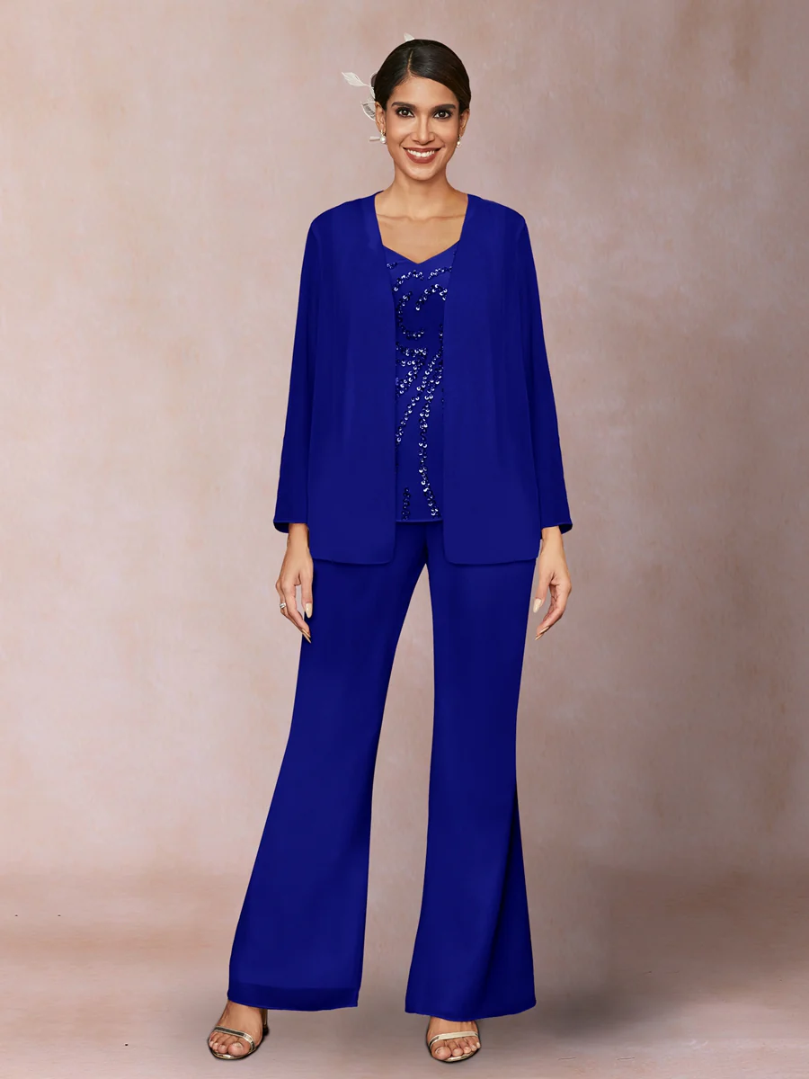 Chiffon Sequins V-Neck Long Sleeves 3 Pieces Pantsuits with Jacket - Image 51