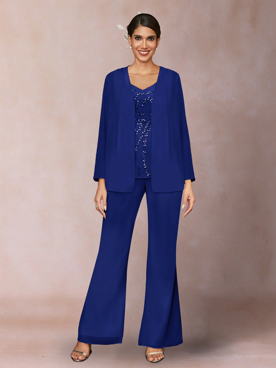 Chiffon Sequins V-Neck Long Sleeves 3 Pieces Pantsuits with Jacket - Image 52