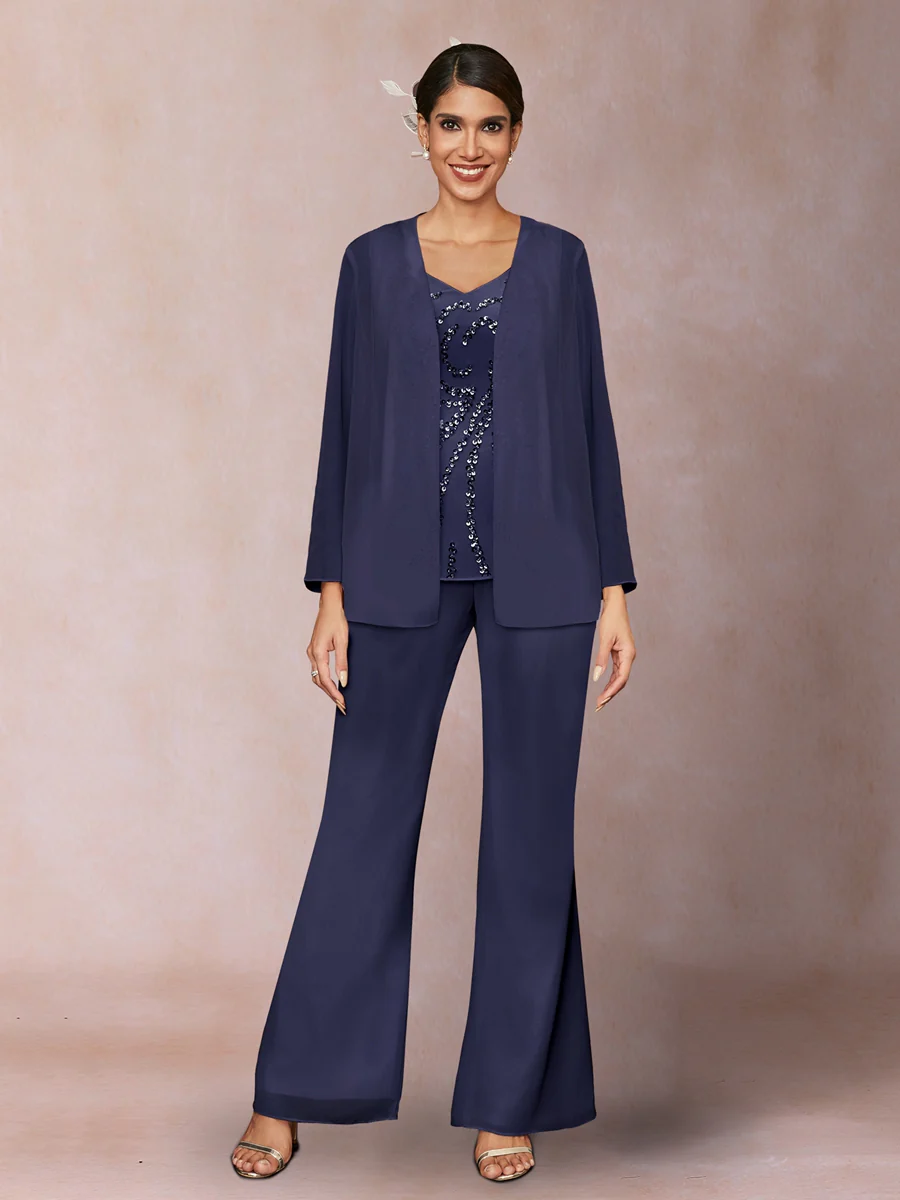 Chiffon Sequins V-Neck Long Sleeves 3 Pieces Pantsuits with Jacket - Image 53