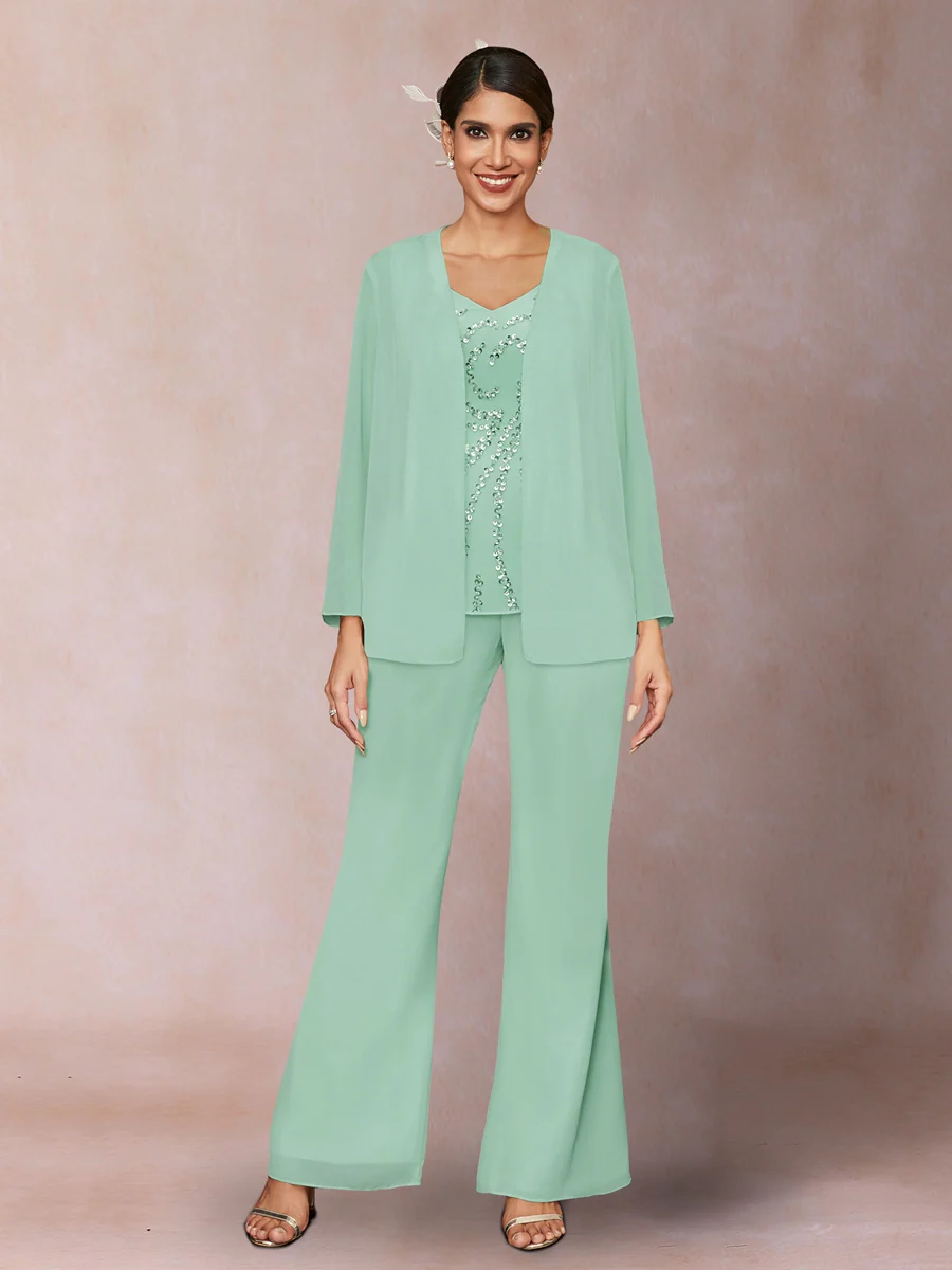 Chiffon Sequins V-Neck Long Sleeves 3 Pieces Pantsuits with Jacket - Image 57