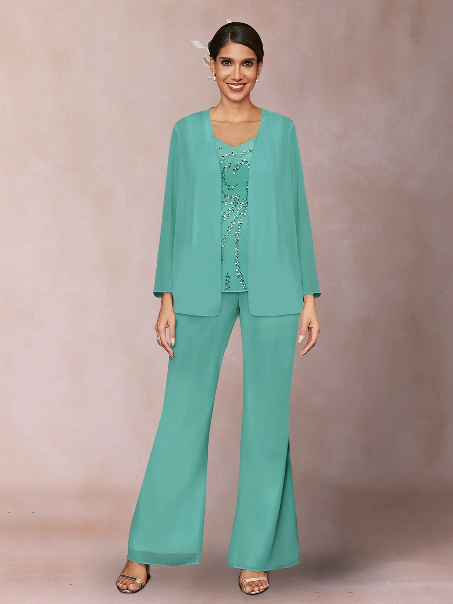 Chiffon Sequins V-Neck Long Sleeves 3 Pieces Pantsuits with Jacket - Image 58