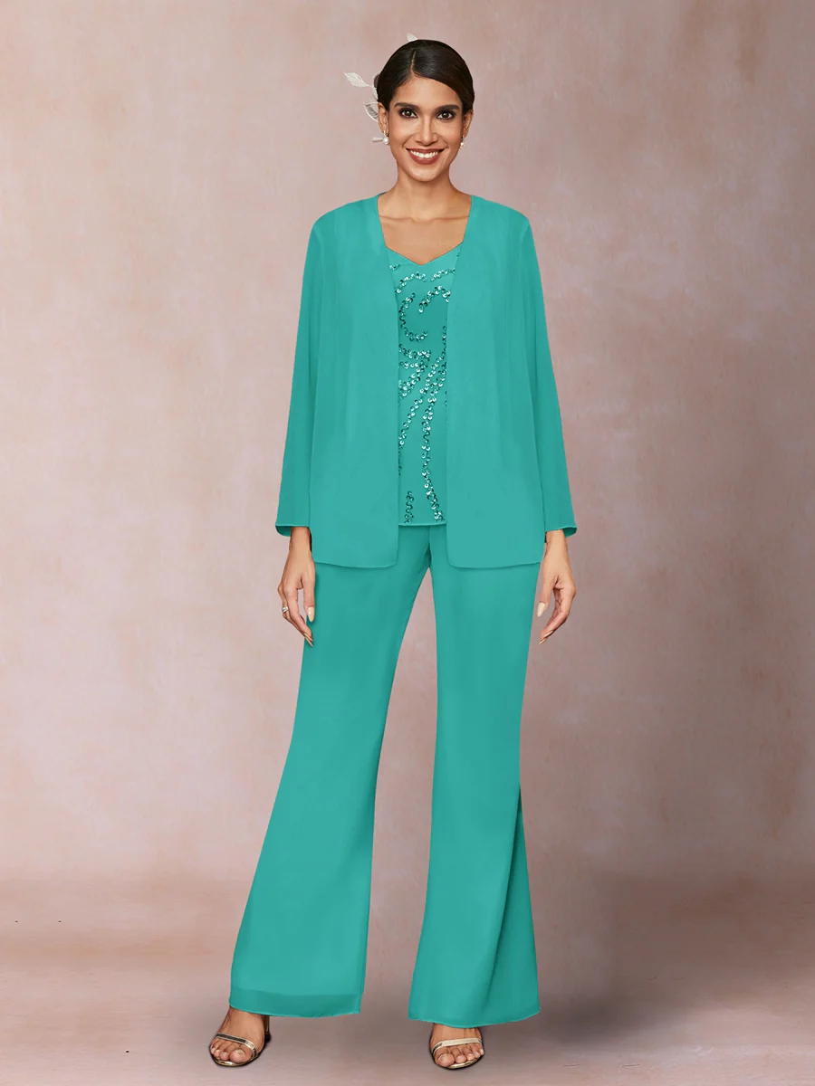 Chiffon Sequins V-Neck Long Sleeves 3 Pieces Pantsuits with Jacket - Image 59