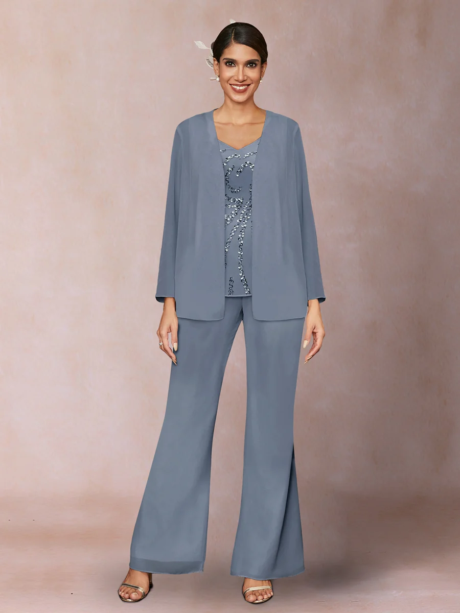 Chiffon Sequins V-Neck Long Sleeves 3 Pieces Pantsuits with Jacket - Image 6