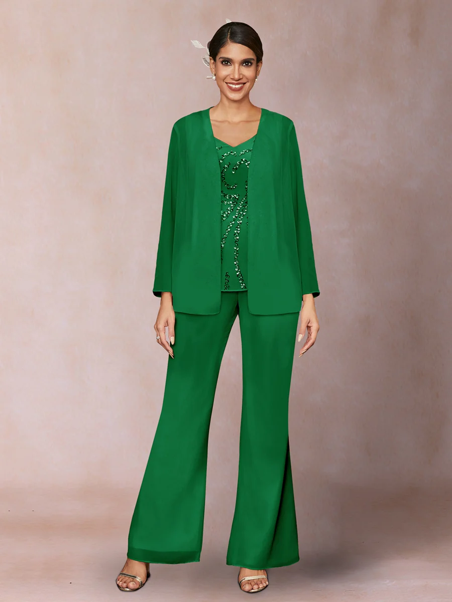 Chiffon Sequins V-Neck Long Sleeves 3 Pieces Pantsuits with Jacket - Image 60