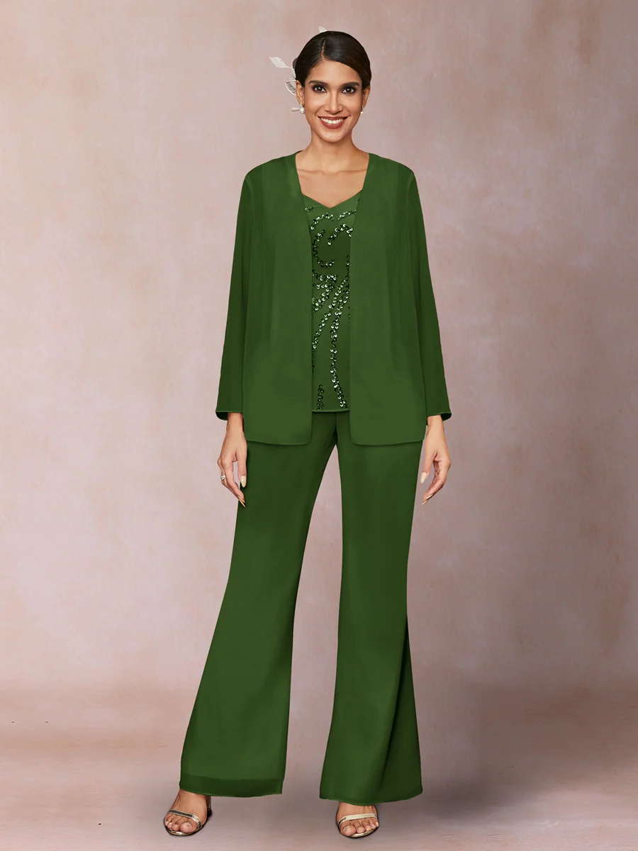 Chiffon Sequins V-Neck Long Sleeves 3 Pieces Pantsuits with Jacket - Image 61
