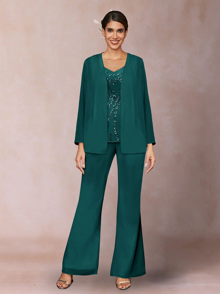 Chiffon Sequins V-Neck Long Sleeves 3 Pieces Pantsuits with Jacket - Image 62