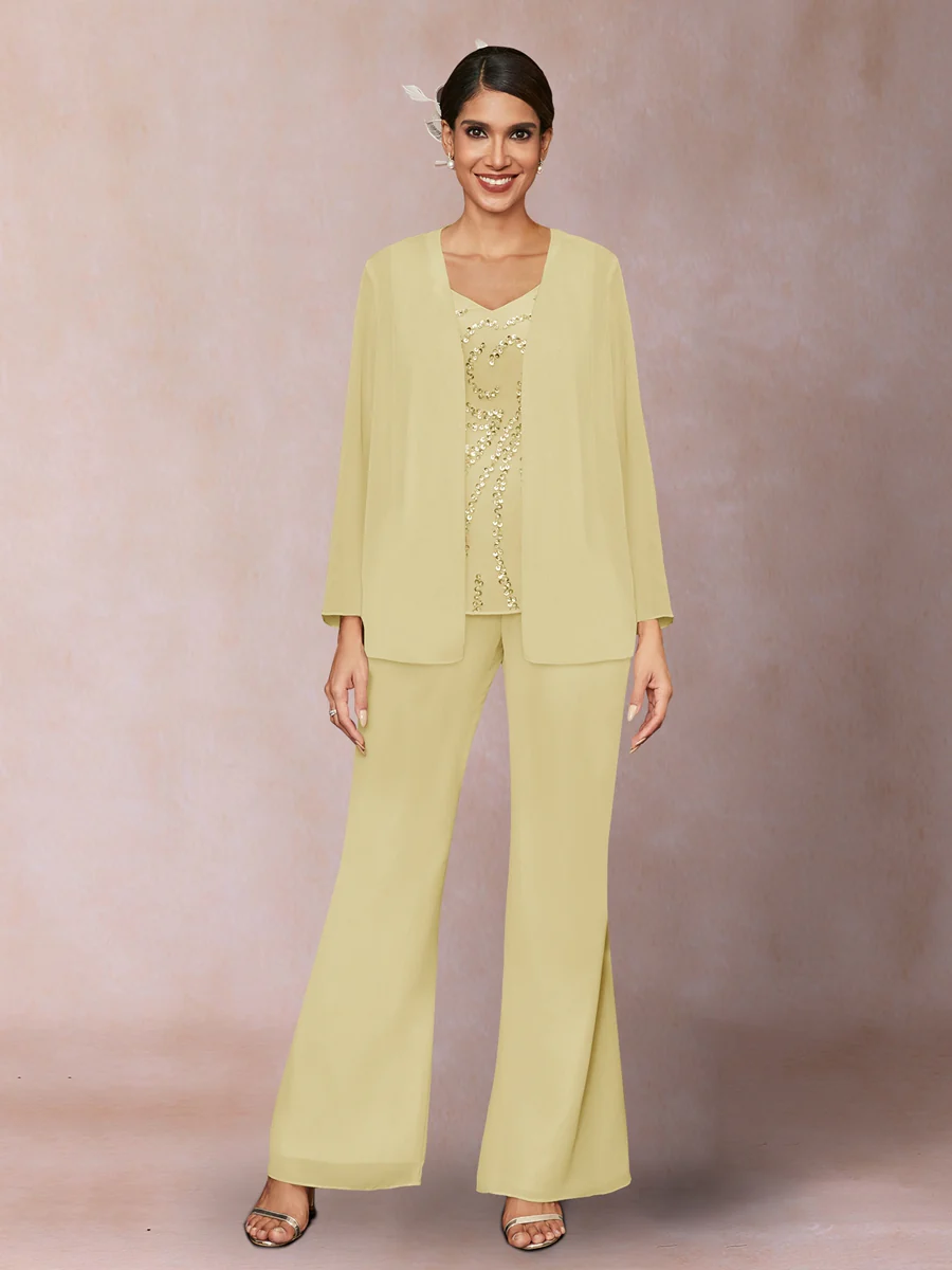 Chiffon Sequins V-Neck Long Sleeves 3 Pieces Pantsuits with Jacket - Image 64