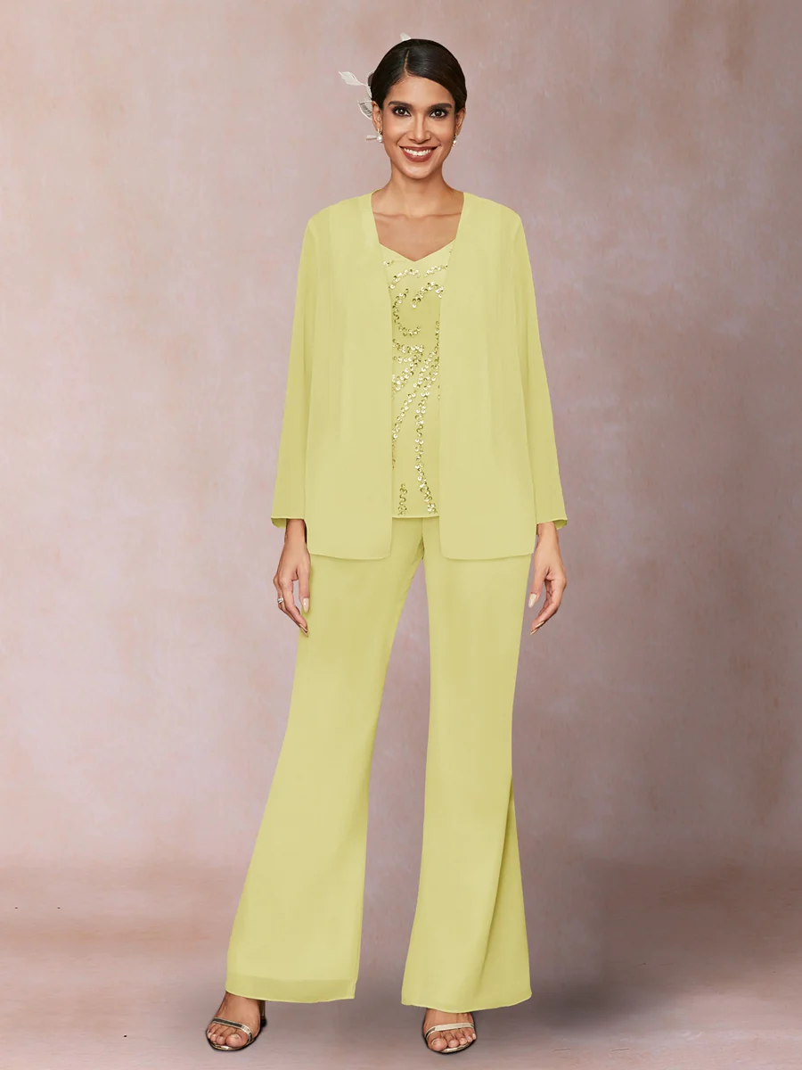 Chiffon Sequins V-Neck Long Sleeves 3 Pieces Pantsuits with Jacket - Image 65