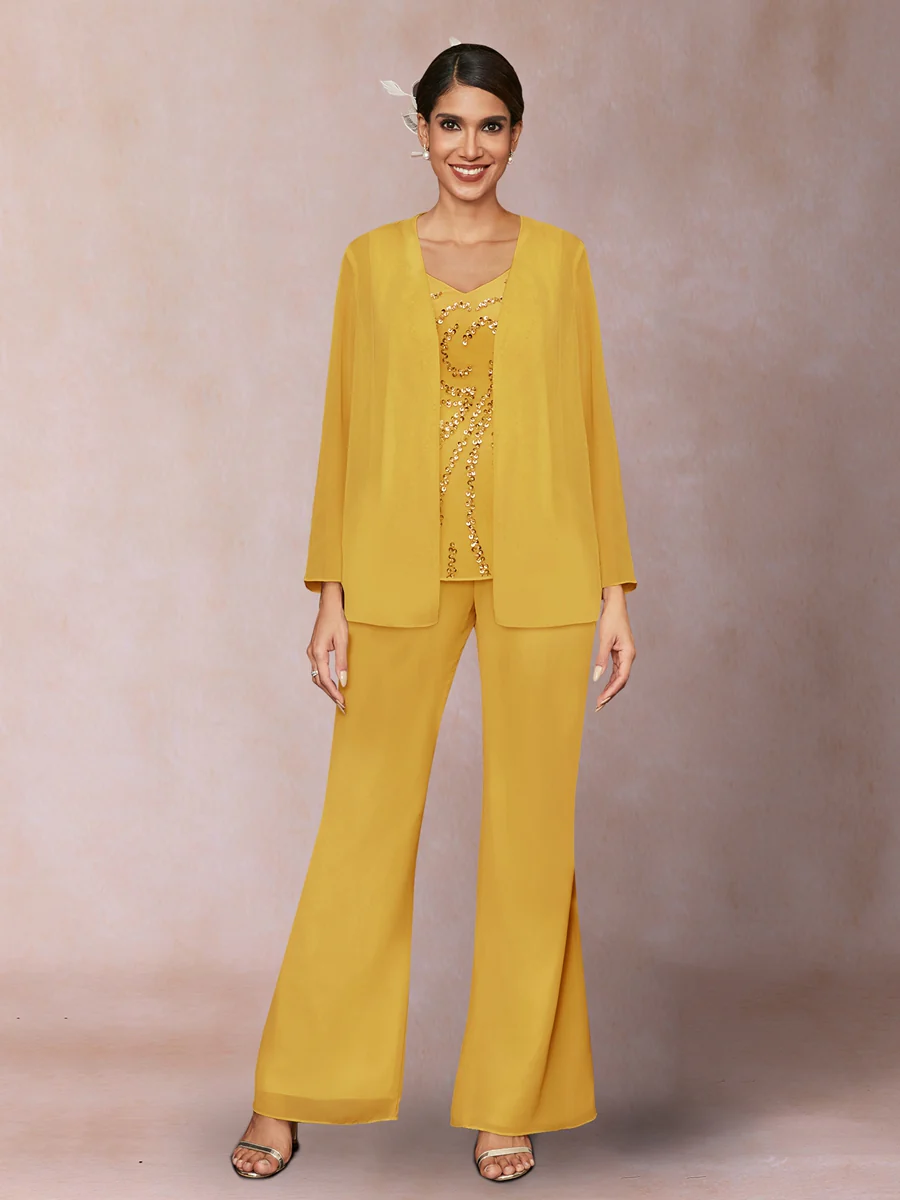 Chiffon Sequins V-Neck Long Sleeves 3 Pieces Pantsuits with Jacket - Image 66