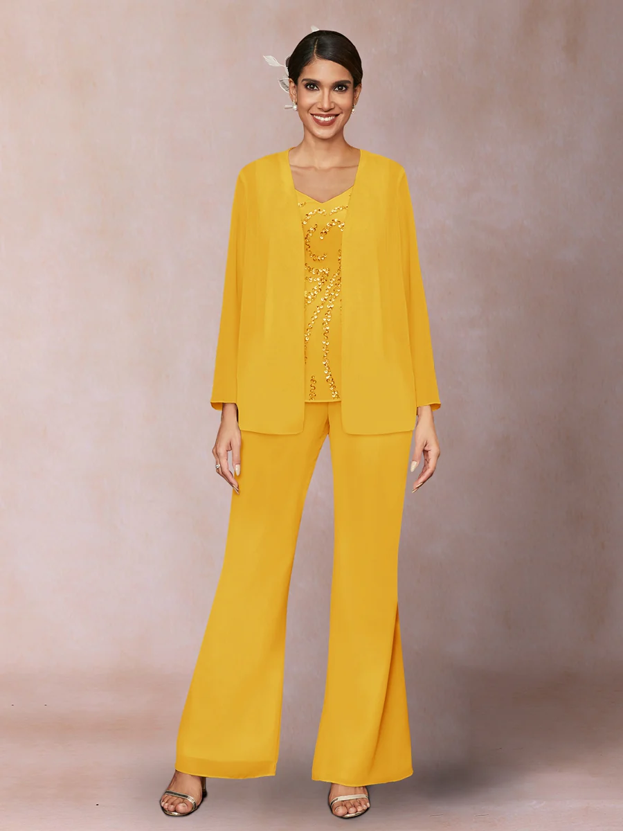 Chiffon Sequins V-Neck Long Sleeves 3 Pieces Pantsuits with Jacket - Image 67