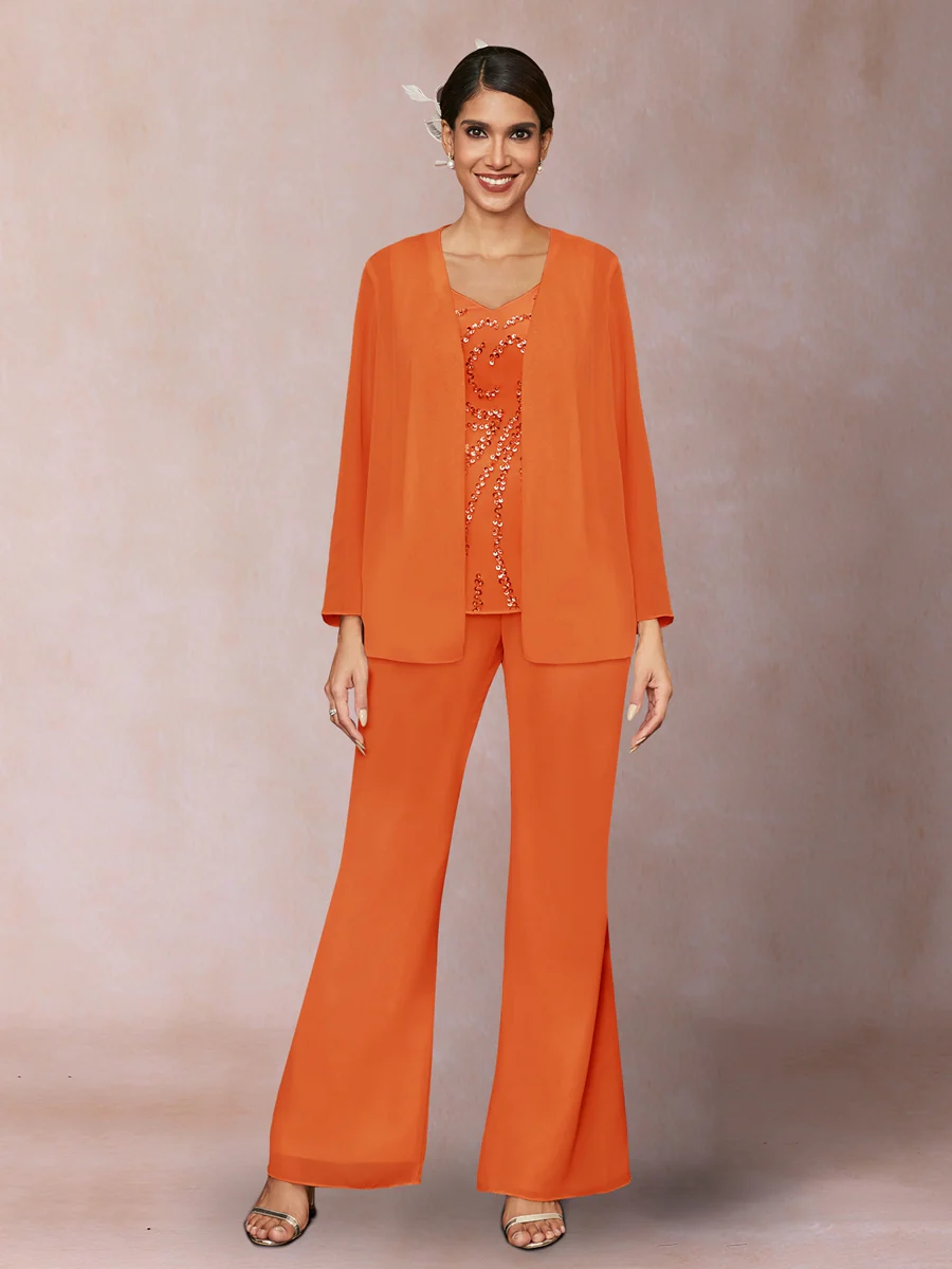 Chiffon Sequins V-Neck Long Sleeves 3 Pieces Pantsuits with Jacket - Image 68