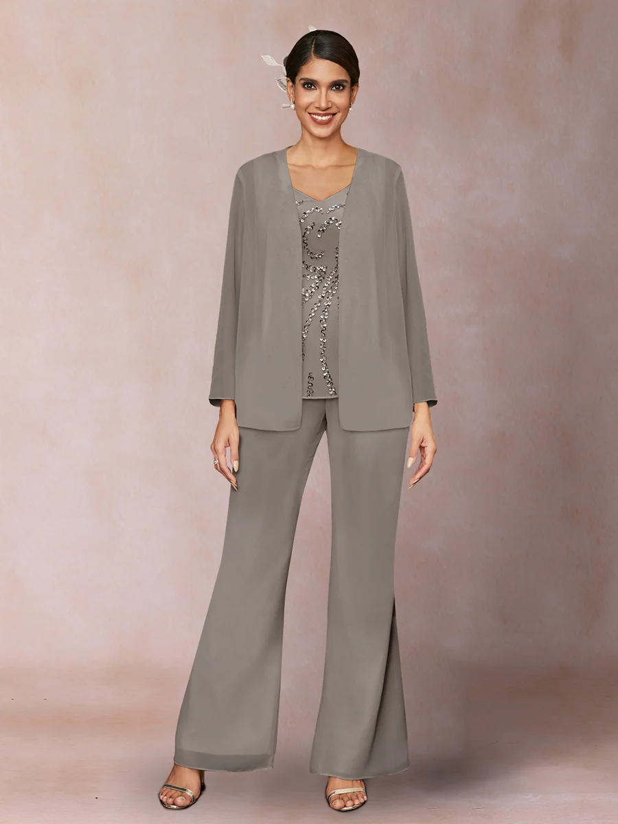 Chiffon Sequins V-Neck Long Sleeves 3 Pieces Pantsuits with Jacket - Image 69