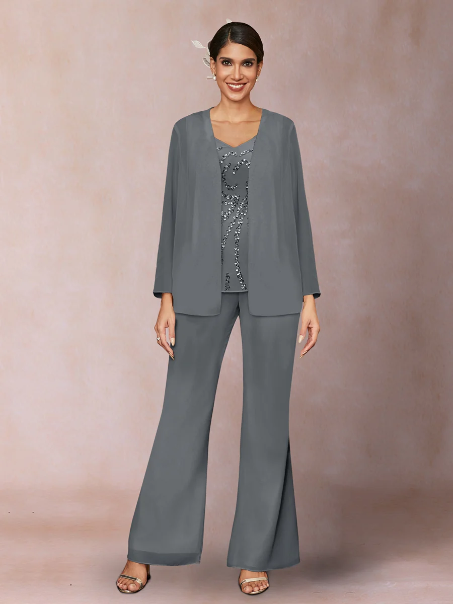 Chiffon Sequins V-Neck Long Sleeves 3 Pieces Pantsuits with Jacket - Image 70