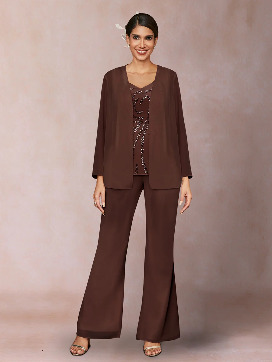 Chiffon Sequins V-Neck Long Sleeves 3 Pieces Pantsuits with Jacket - Image 71