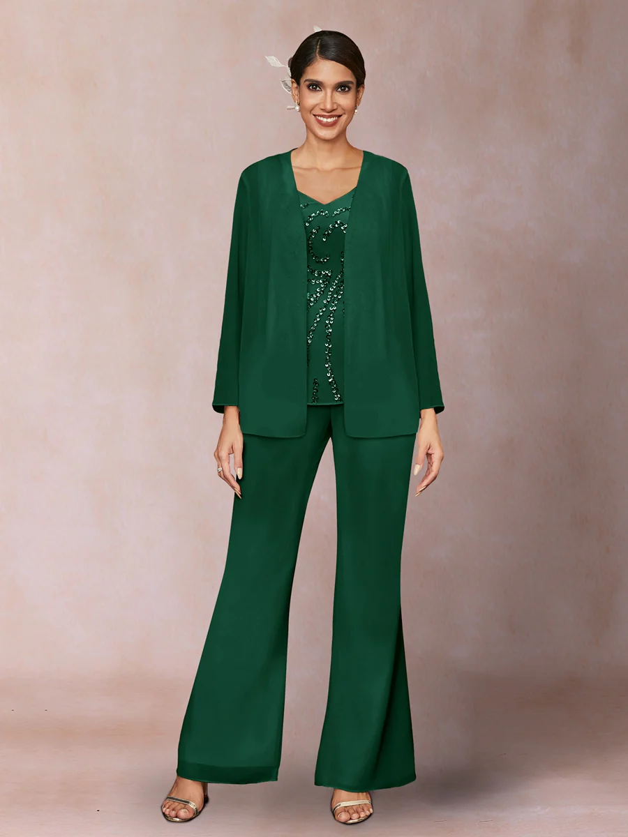 Chiffon Sequins V-Neck Long Sleeves 3 Pieces Pantsuits with Jacket - Image 8
