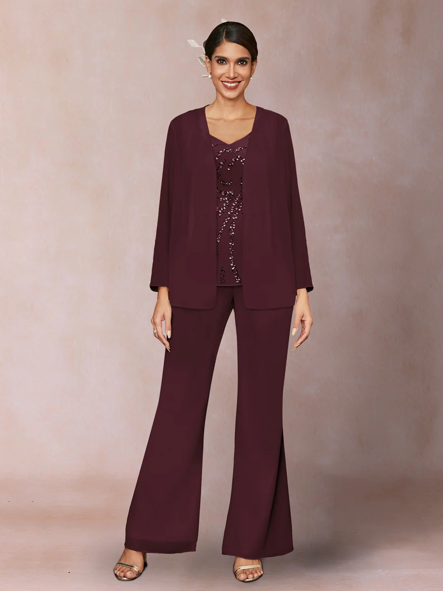 Chiffon Sequins V-Neck Long Sleeves 3 Pieces Pantsuits with Jacket - Image 9