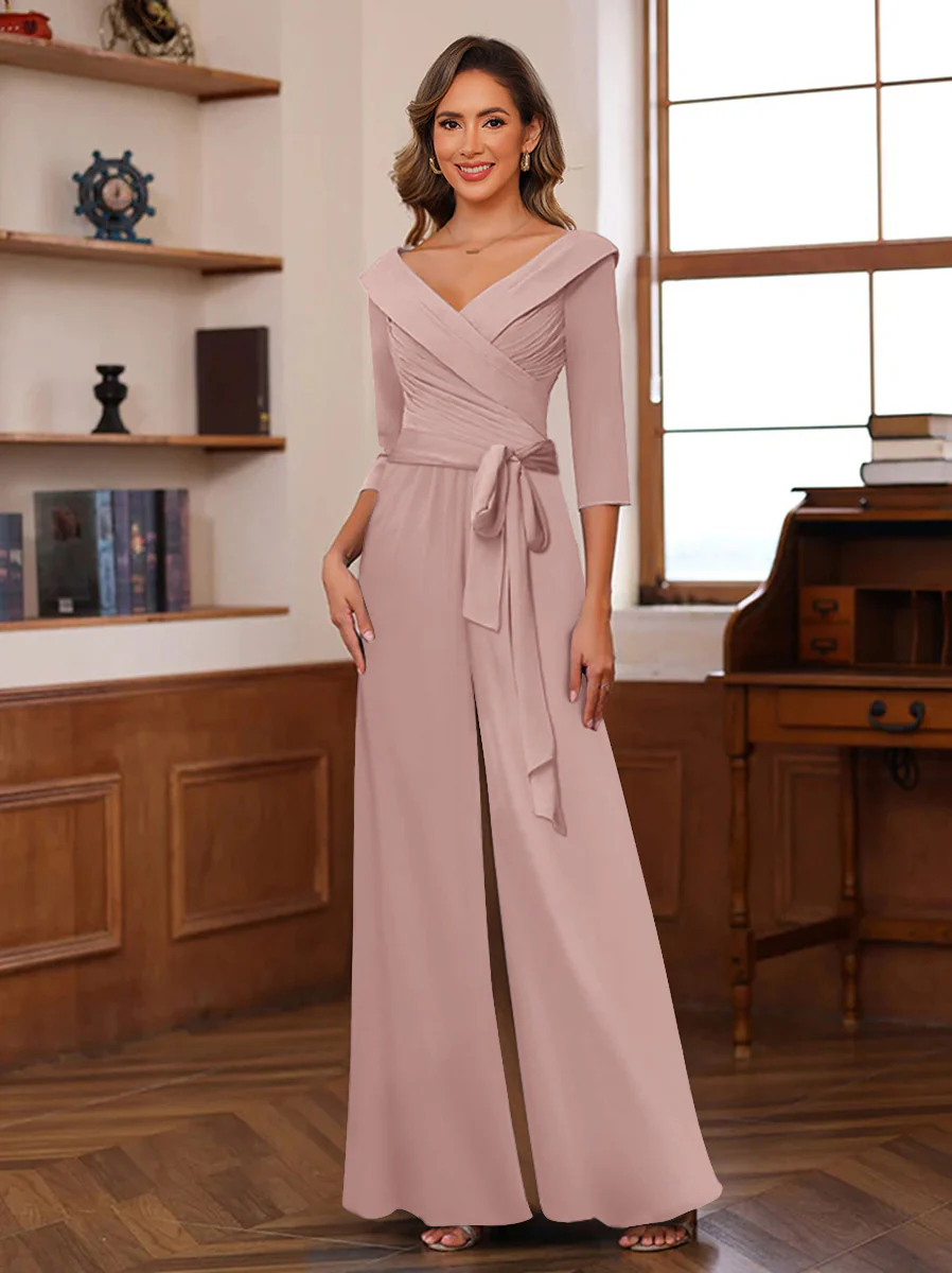 Chiffon V-Neck 3/4 Sleeveless Ruched Mother of the Bride Pantsuits with Sash - Image 15
