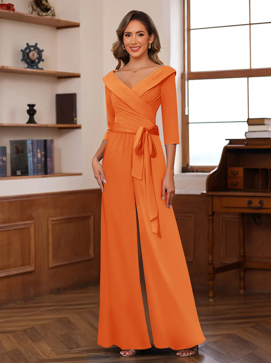 Chiffon V-Neck 3/4 Sleeveless Ruched Mother of the Bride Pantsuits with Sash - Image 47