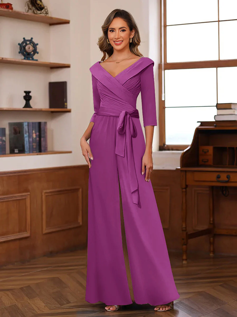 Chiffon V-Neck 3/4 Sleeveless Ruched Mother of the Bride Pantsuits with Sash - Image 48