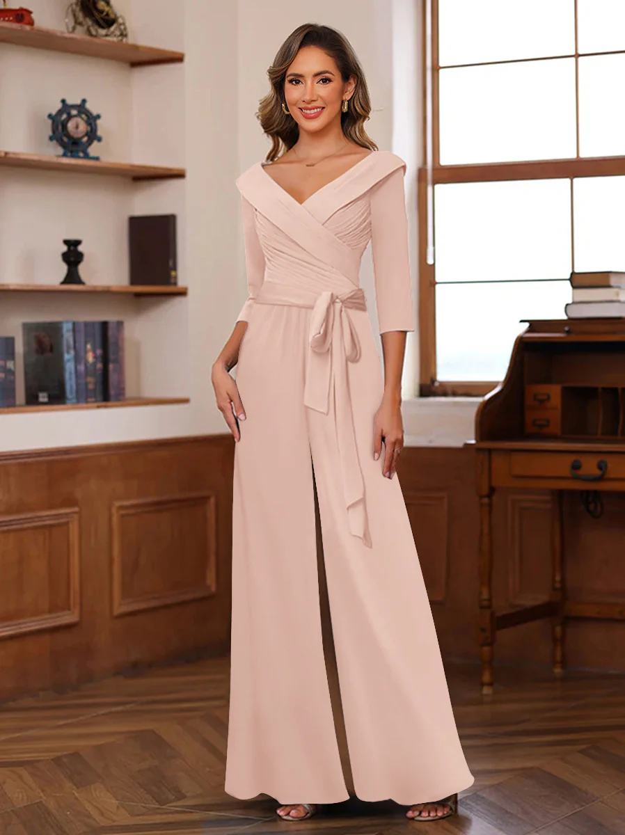 Chiffon V-Neck 3/4 Sleeveless Ruched Mother of the Bride Pantsuits with Sash - Image 5
