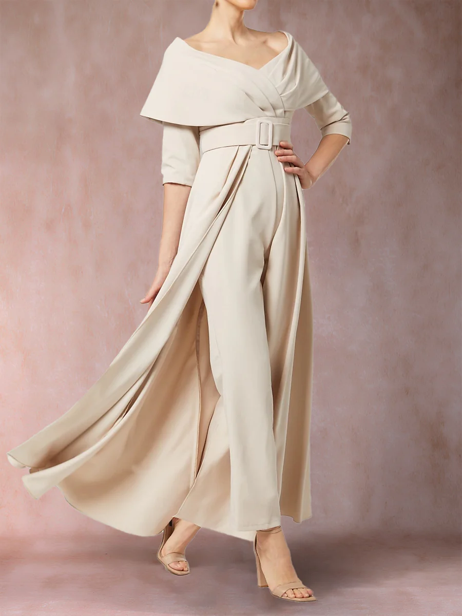 Chiffon V-Neck 3/4 Sleeves Floor-Length Pleated Mother of the Bride Pantsuits with Sash - Image 3