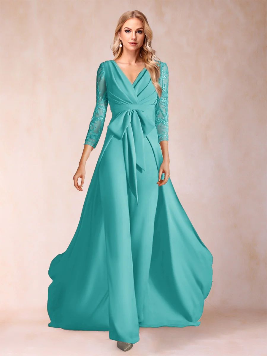 Chiffon V-Neck 3/4 Sleeves Floor-Length Ruched Mother of the Bride Pantsuits with Appliques - Image 2