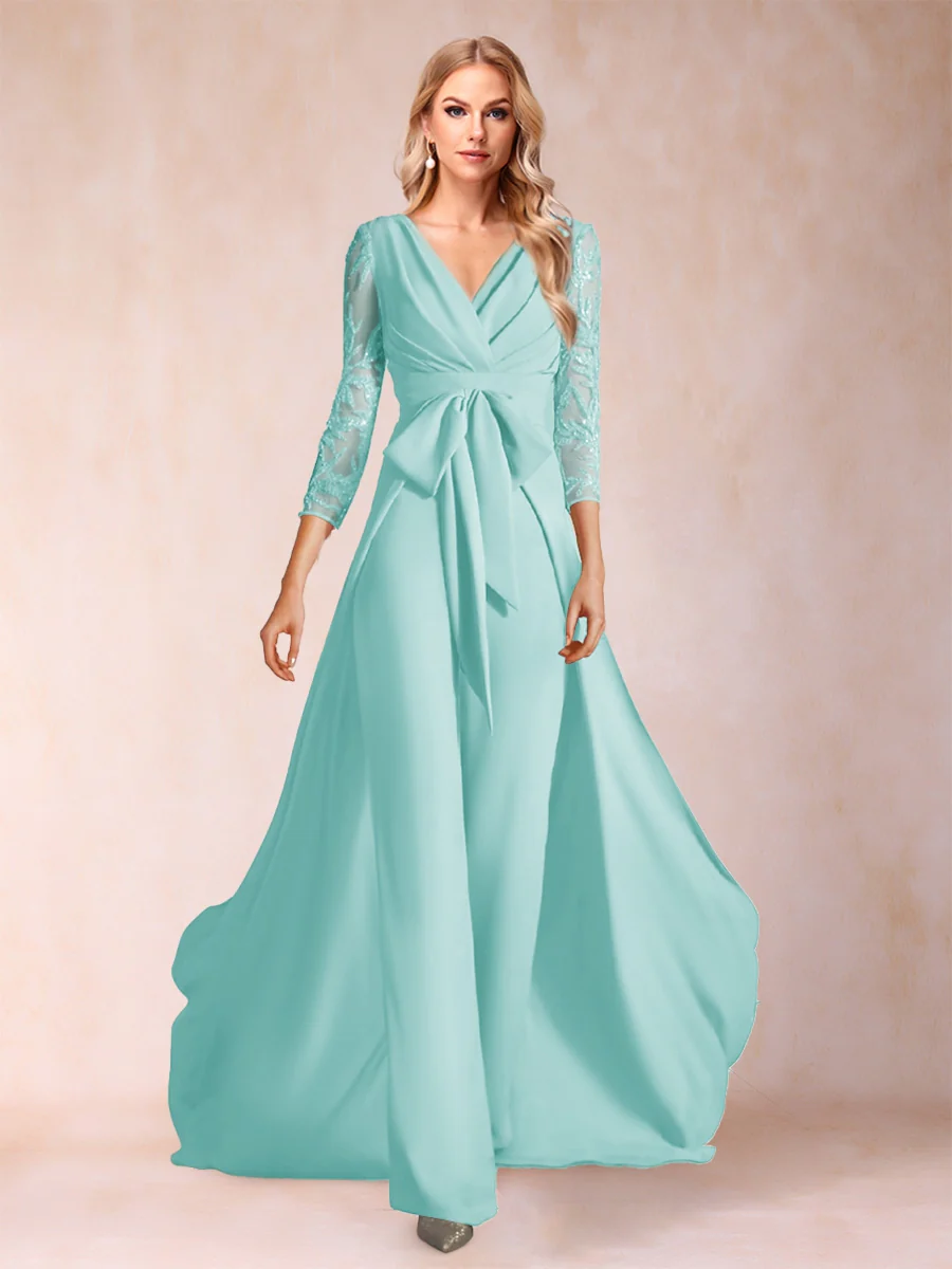 Chiffon V-Neck 3/4 Sleeves Floor-Length Ruched Mother of the Bride Pantsuits with Appliques - Image 29