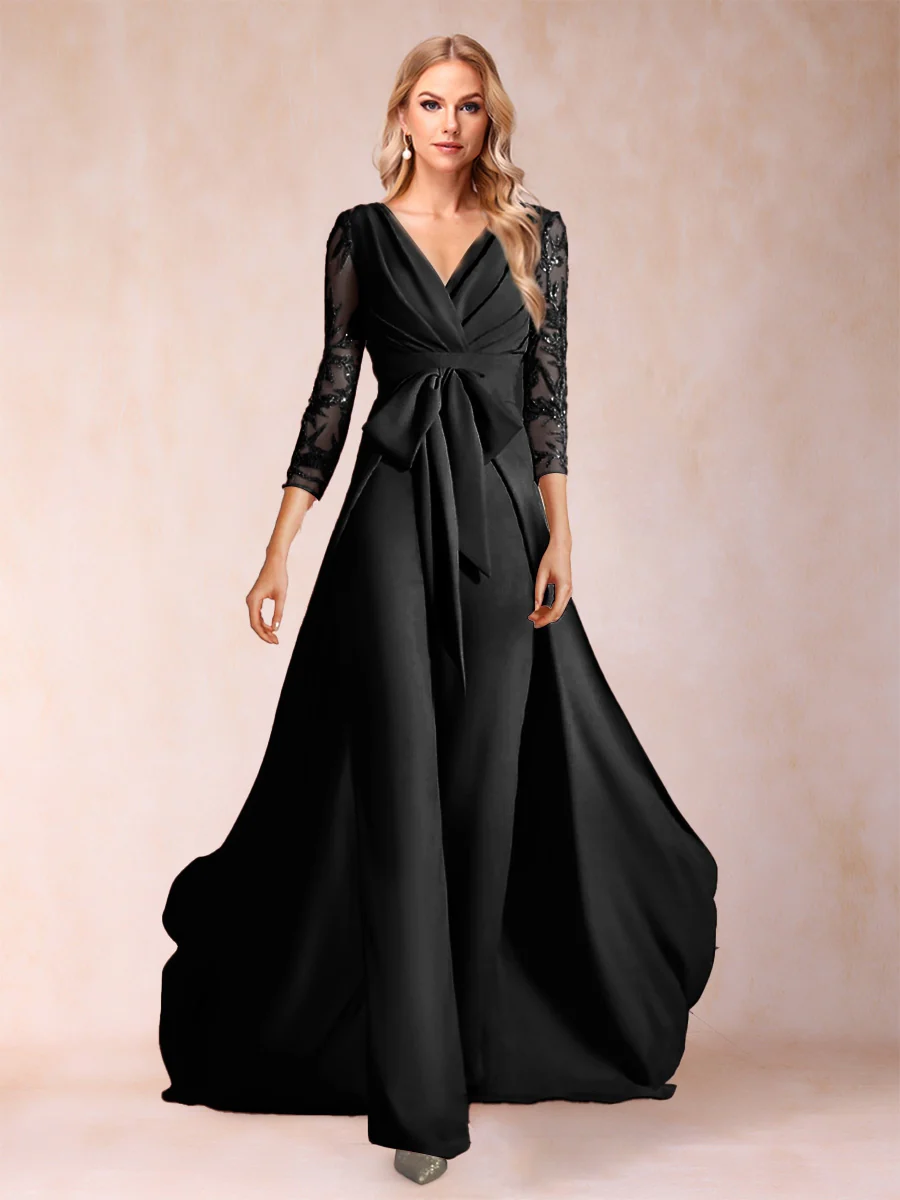 Chiffon V-Neck 3/4 Sleeves Floor-Length Ruched Mother of the Bride Pantsuits with Appliques - Image 3