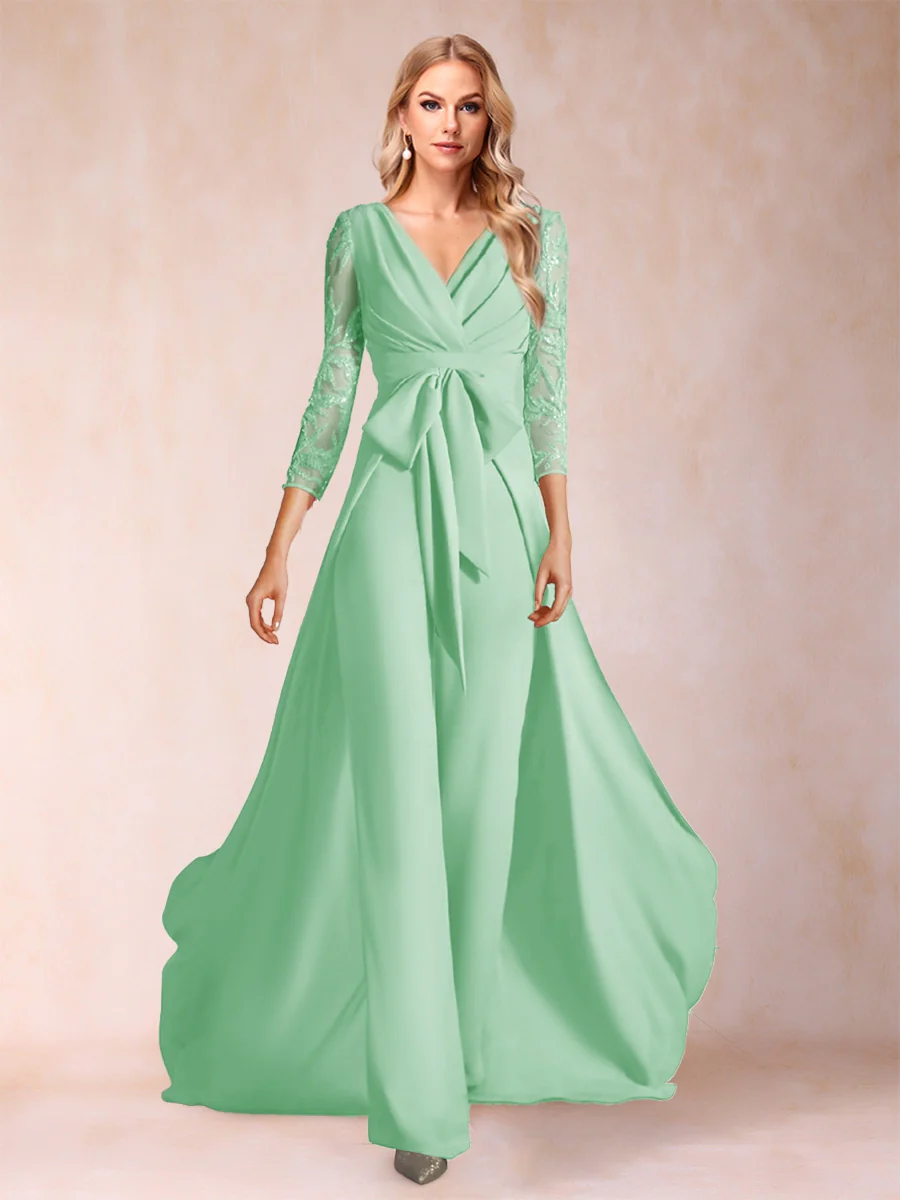 Chiffon V-Neck 3/4 Sleeves Floor-Length Ruched Mother of the Bride Pantsuits with Appliques - Image 32