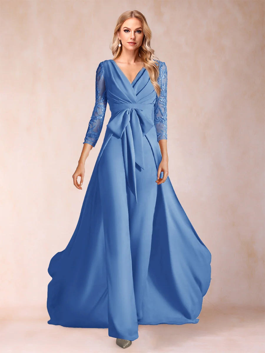 Chiffon V-Neck 3/4 Sleeves Floor-Length Ruched Mother of the Bride Pantsuits with Appliques - Image 51
