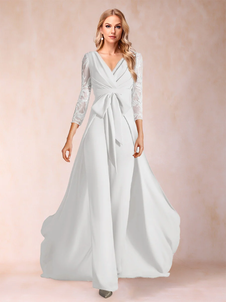 Chiffon V-Neck 3/4 Sleeves Floor-Length Ruched Mother of the Bride Pantsuits with Appliques - Image 56