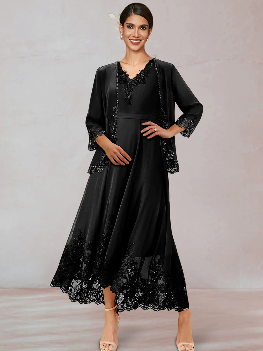 Chiffon V-Neck 3/4 Sleeves Mother of the Bride Dresses With Appliques - Image 13