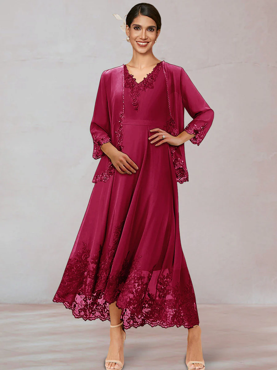 Chiffon V-Neck 3/4 Sleeves Mother of the Bride Dresses With Appliques - Image 31