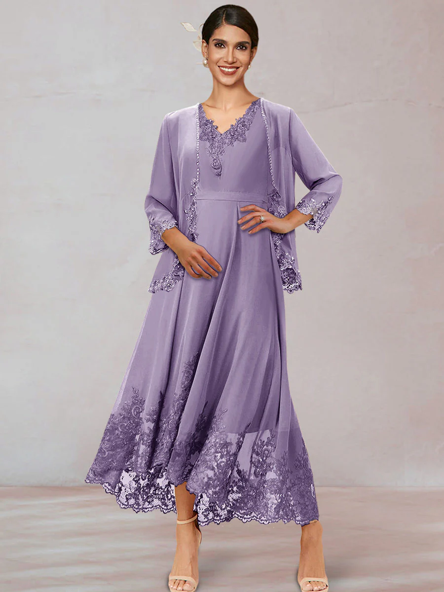 Chiffon V-Neck 3/4 Sleeves Mother of the Bride Dresses With Appliques - Image 34