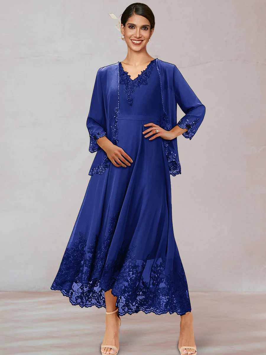 Chiffon V-Neck 3/4 Sleeves Mother of the Bride Dresses With Appliques - Image 50