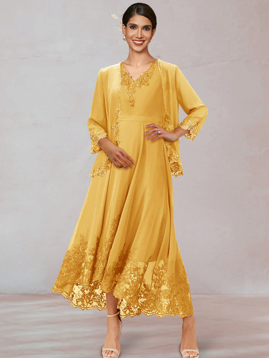 Chiffon V-Neck 3/4 Sleeves Mother of the Bride Dresses With Appliques - Image 63