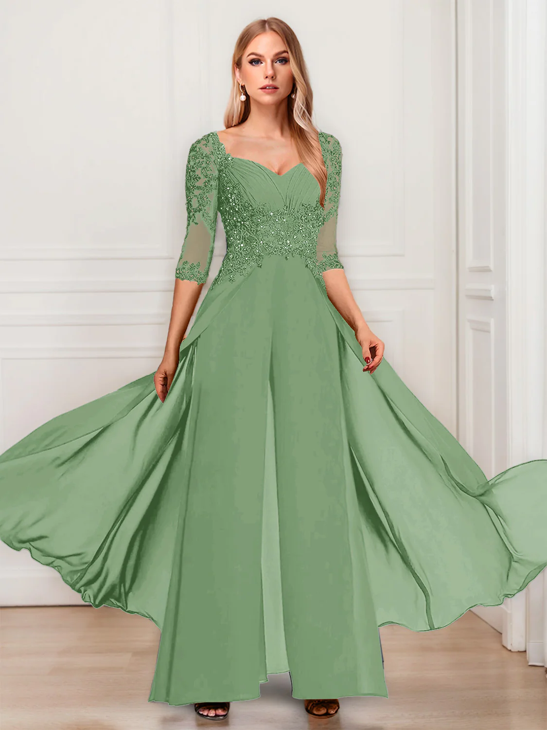 Chiffon V-Neck Half Sleeves Mother of the Bride Pantsuits with Applique - Image 13