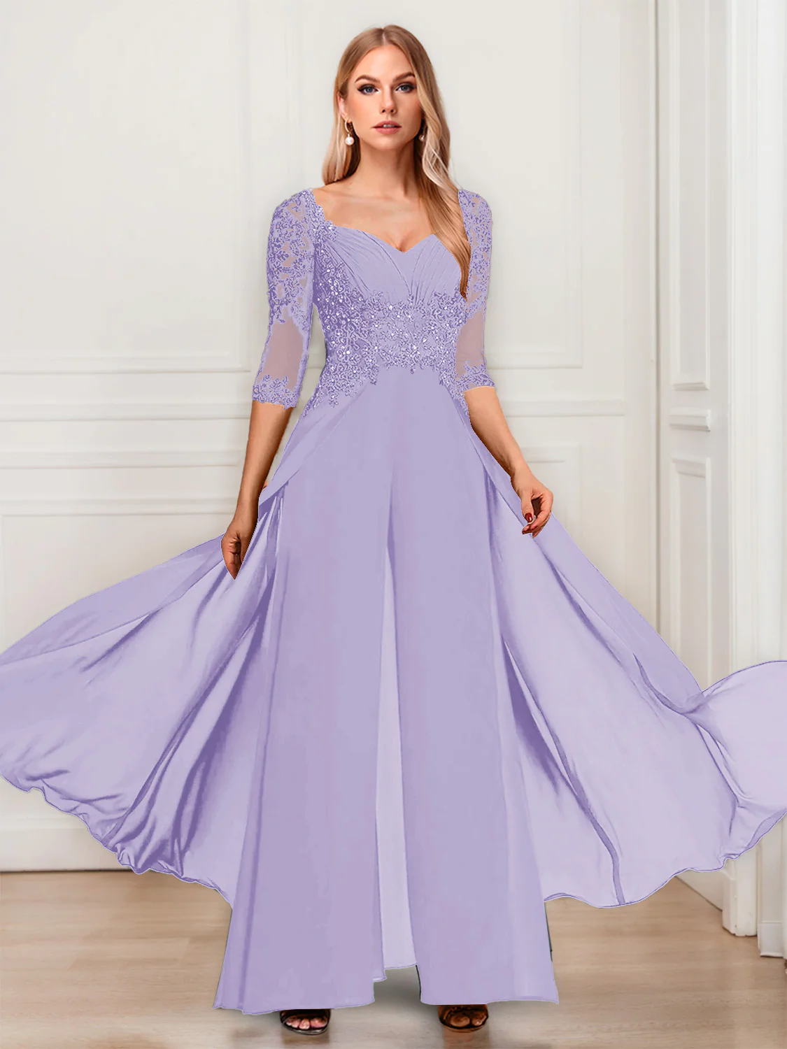 Chiffon V-Neck Half Sleeves Mother of the Bride Pantsuits with Applique - Image 25
