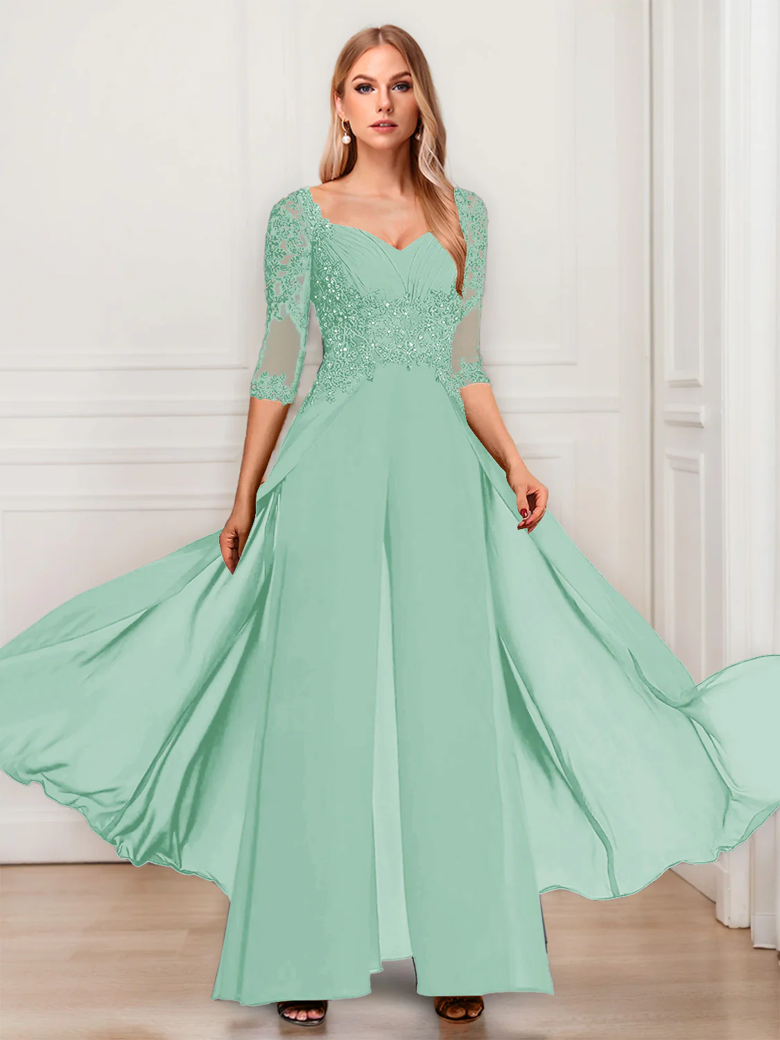 Chiffon V-Neck Half Sleeves Mother of the Bride Pantsuits with Applique - Image 27