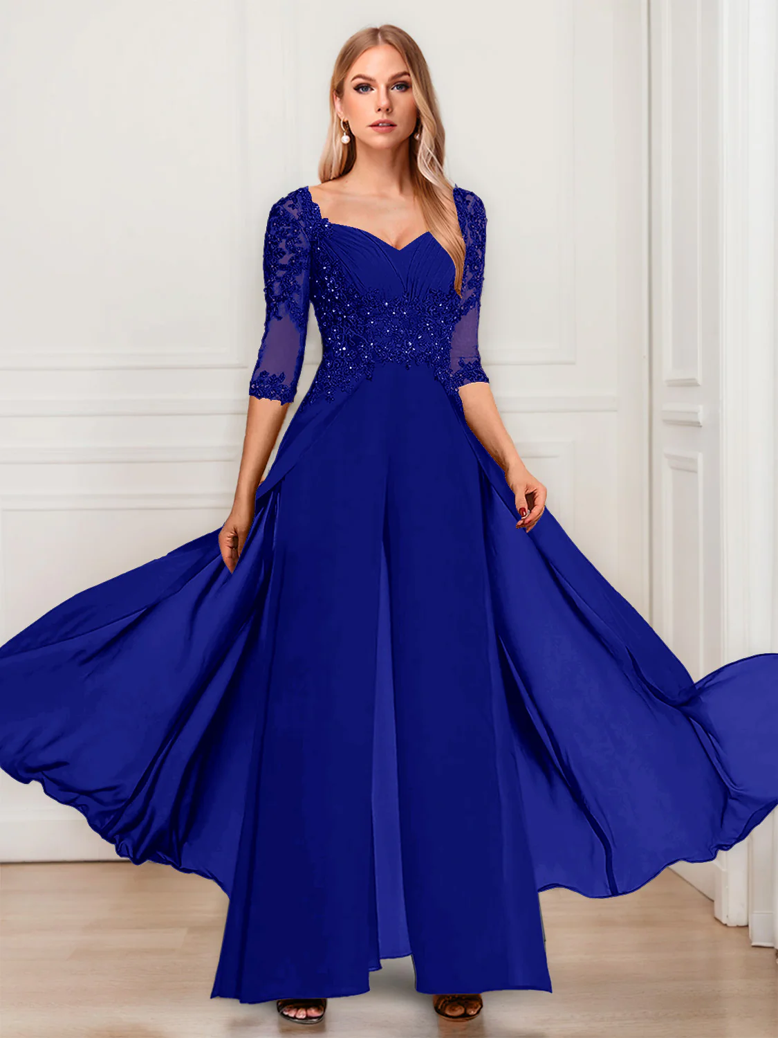 Chiffon V-Neck Half Sleeves Mother of the Bride Pantsuits with Applique - Image 61