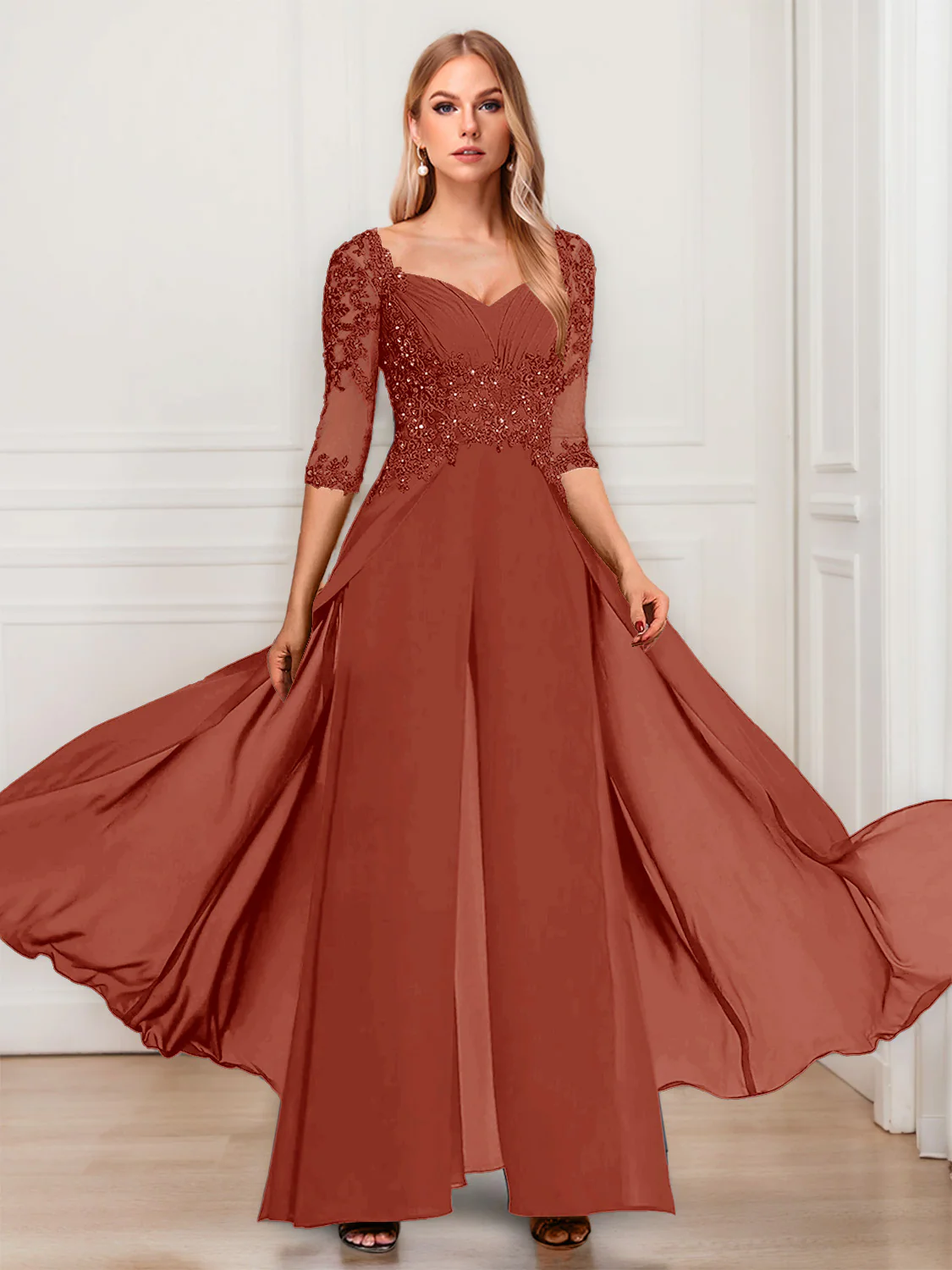 Chiffon V-Neck Half Sleeves Mother of the Bride Pantsuits with Applique - Image 62