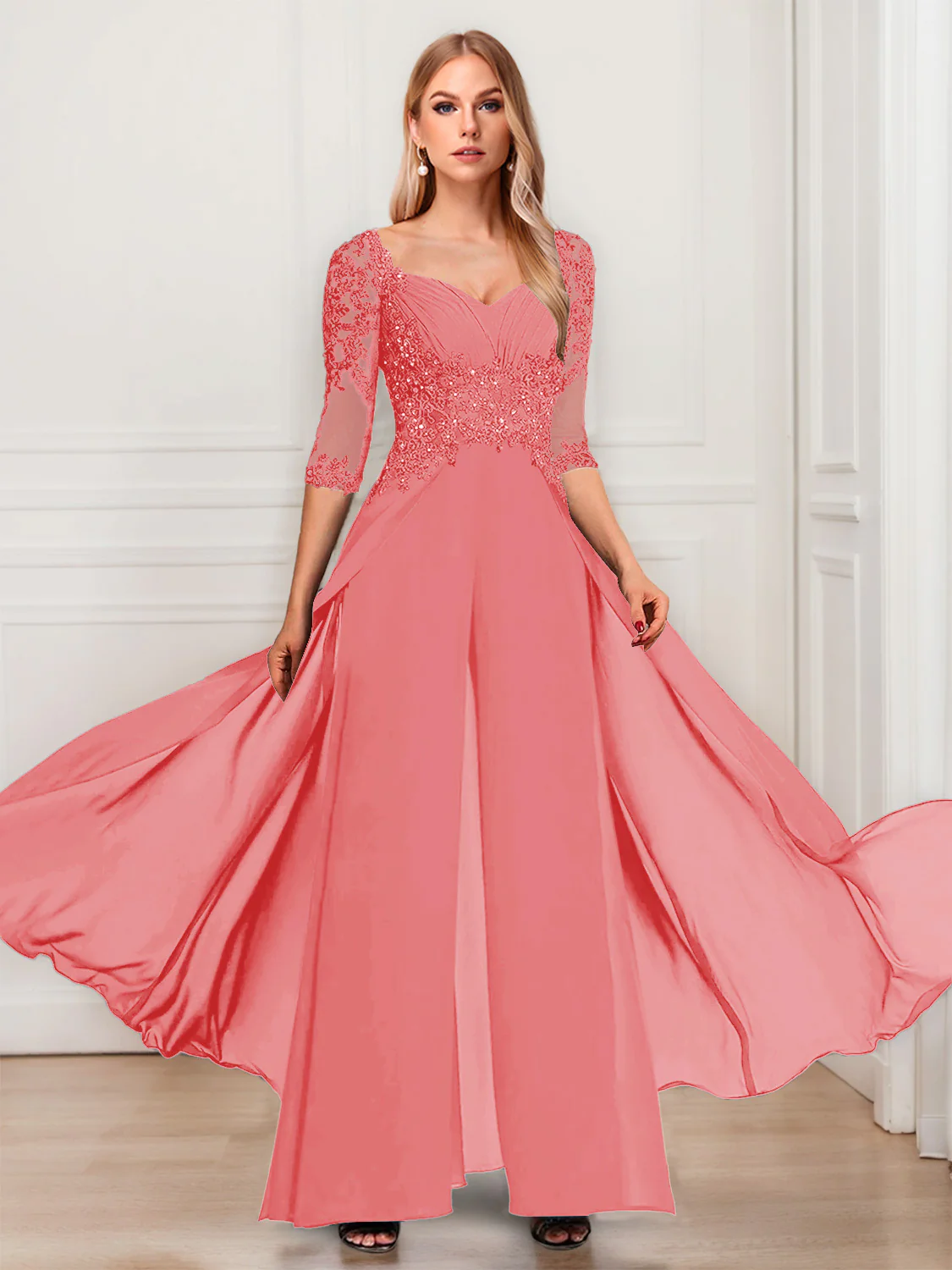 Chiffon V-Neck Half Sleeves Mother of the Bride Pantsuits with Applique - Image 9