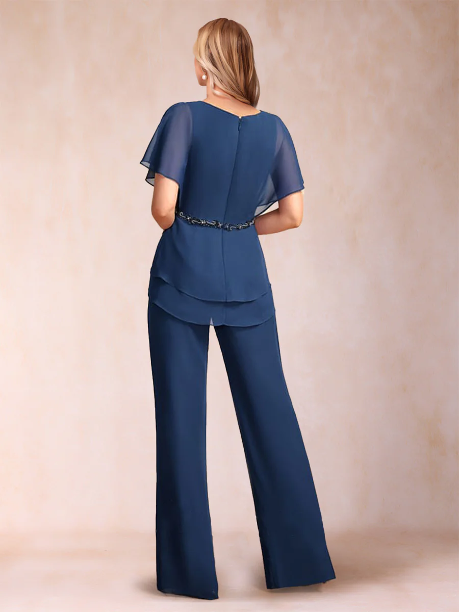 Chiffon V-Neck Short Sleeves 2 Pieces Pantsuits with Ruffles & Ruched - Image 2