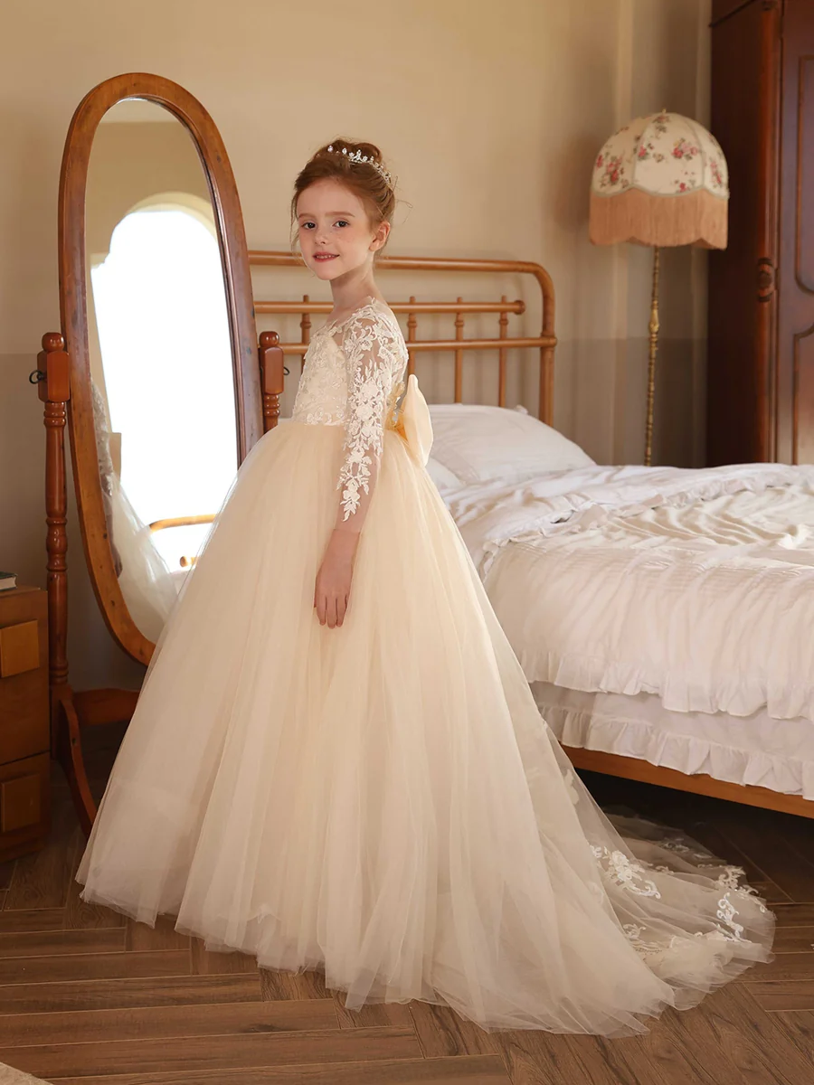 Crew Neck Illusion Long Sleeves Tulle Flower Girl Dresses with Applique - Image 5