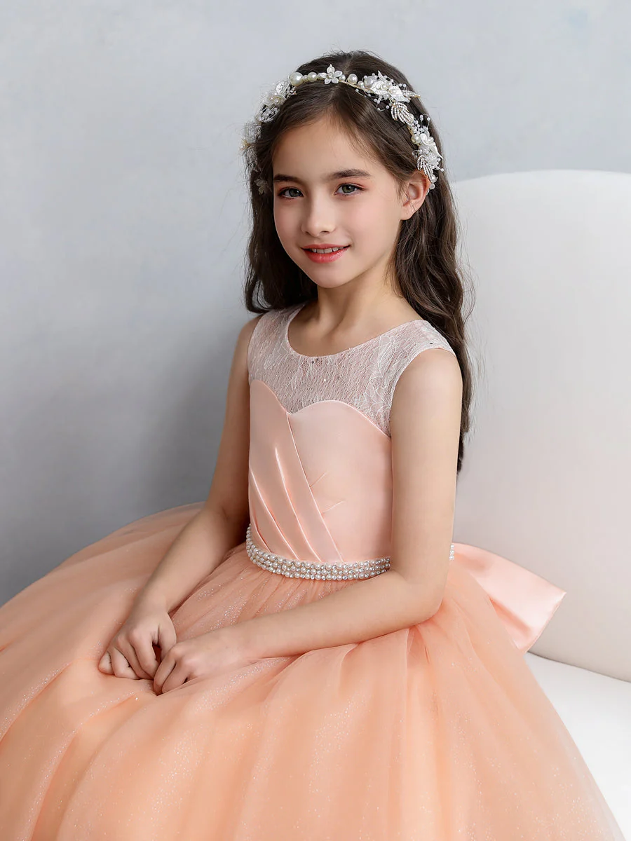 Crew Neck Lace Tulle Flower Girl Dresses with Pearls & Bowknot - Image 5