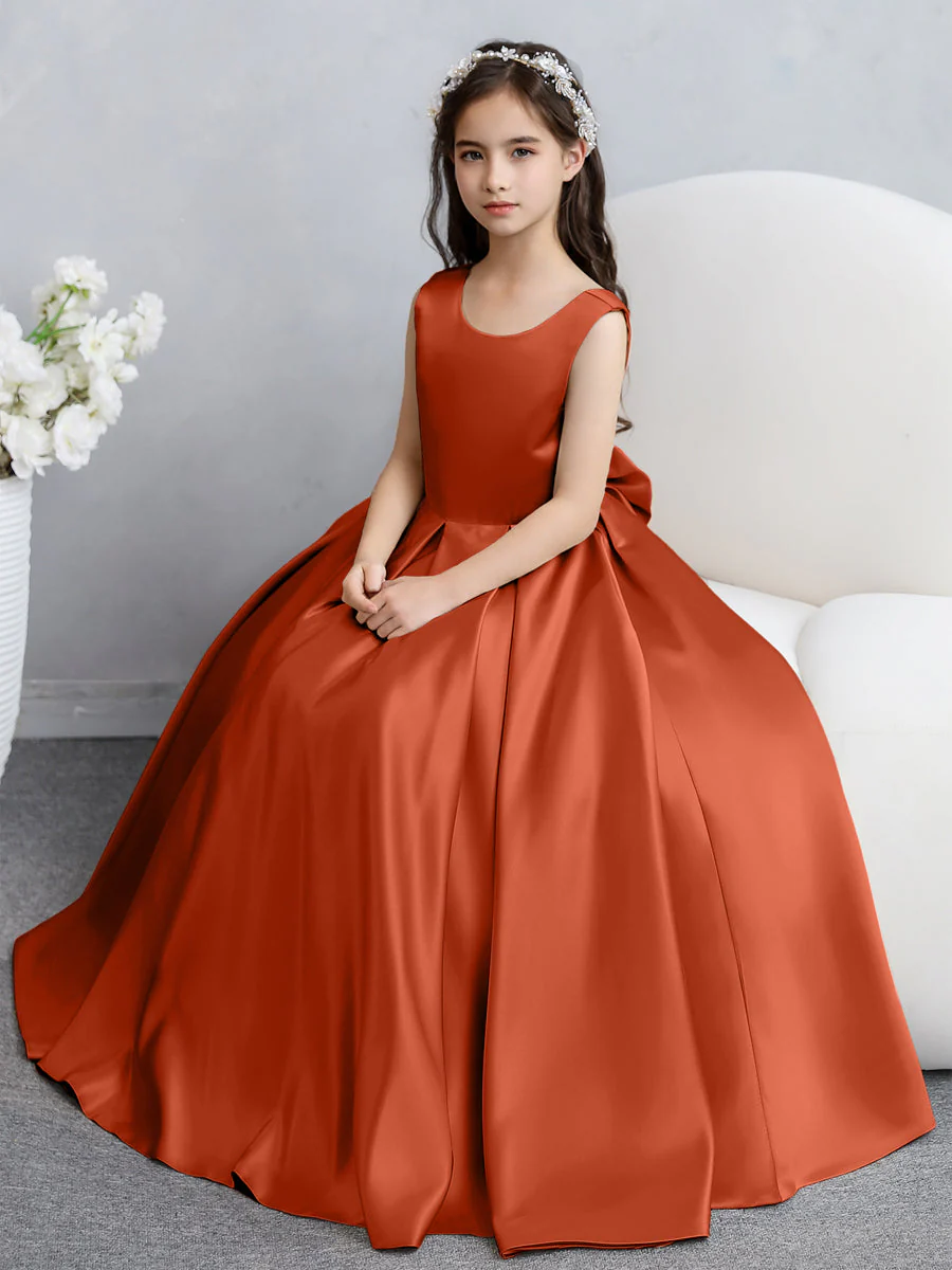Crew Neck Satin Flower Girl Dresses with Bowknot - Image 14