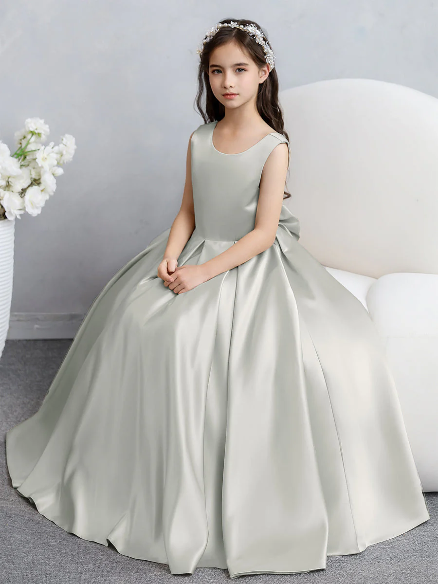 Crew Neck Satin Flower Girl Dresses with Bowknot - Image 22